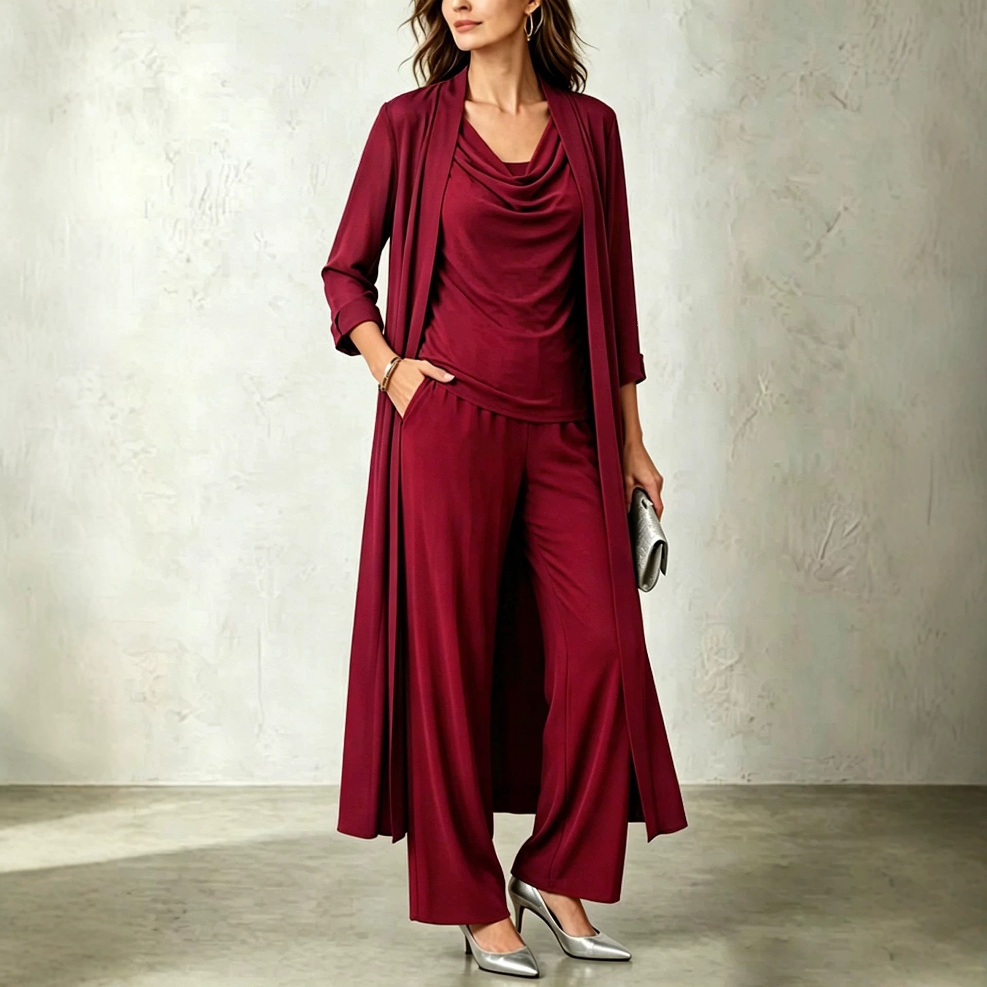 Minimalist Long Sleeve Draped Neck Cardigan and Pants Three-Piece Set