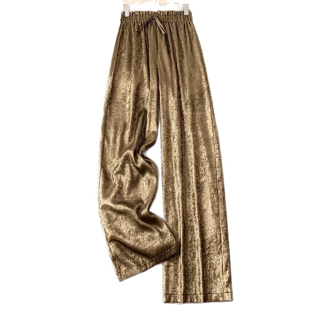 Gold Pleated Wide-Leg Pants with Elastic Waist