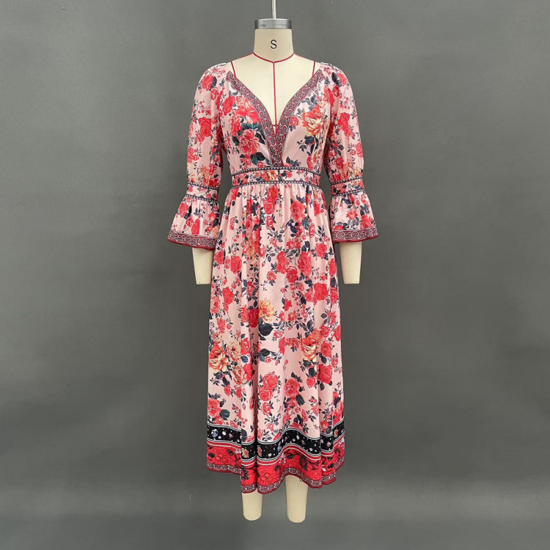 Floral Print Bell Sleeve V-Neck Long Dress