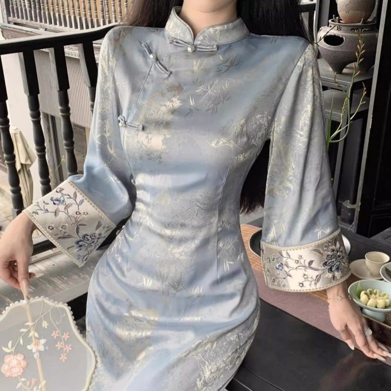 New Chinese Style Blue Embroidered Slim-Fit Modified Qipao Dress with Bamboo Leaf Print