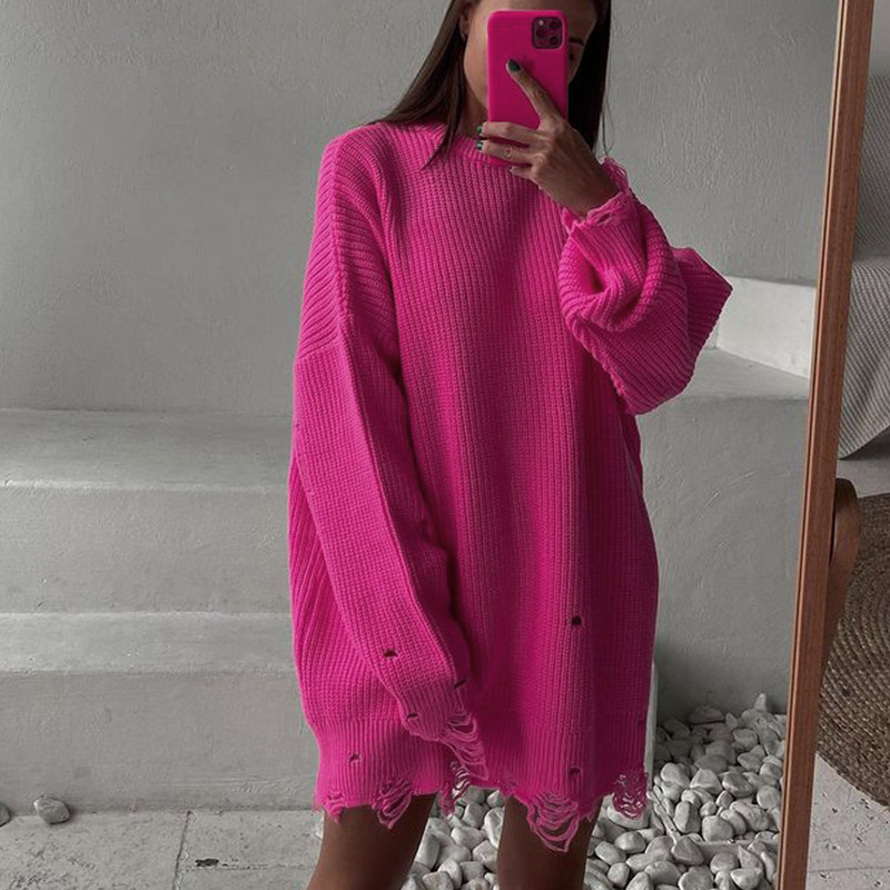 Loose Solid Color Distressed Crewneck Pullover Sweater Long Sleeve Mid-Length