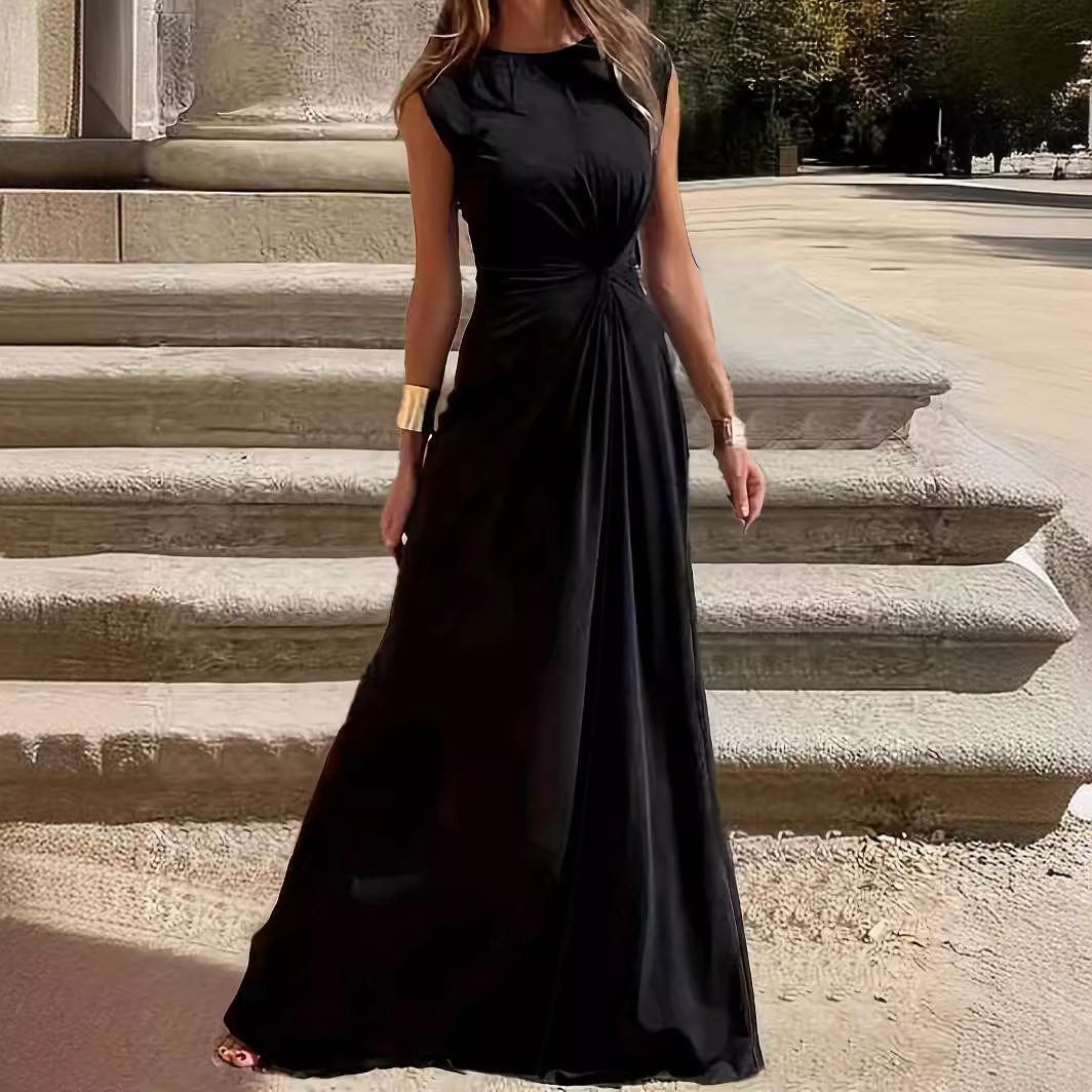 Women's Elegant Round Neck Sleeveless Long Dress Waist-Cinched Commuter