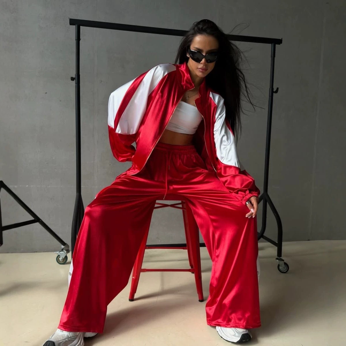 Women's Glossy Satin Tracksuit Set Stand Collar Zip Colorblock Raglan Sleeve Jacket Side Button Pants