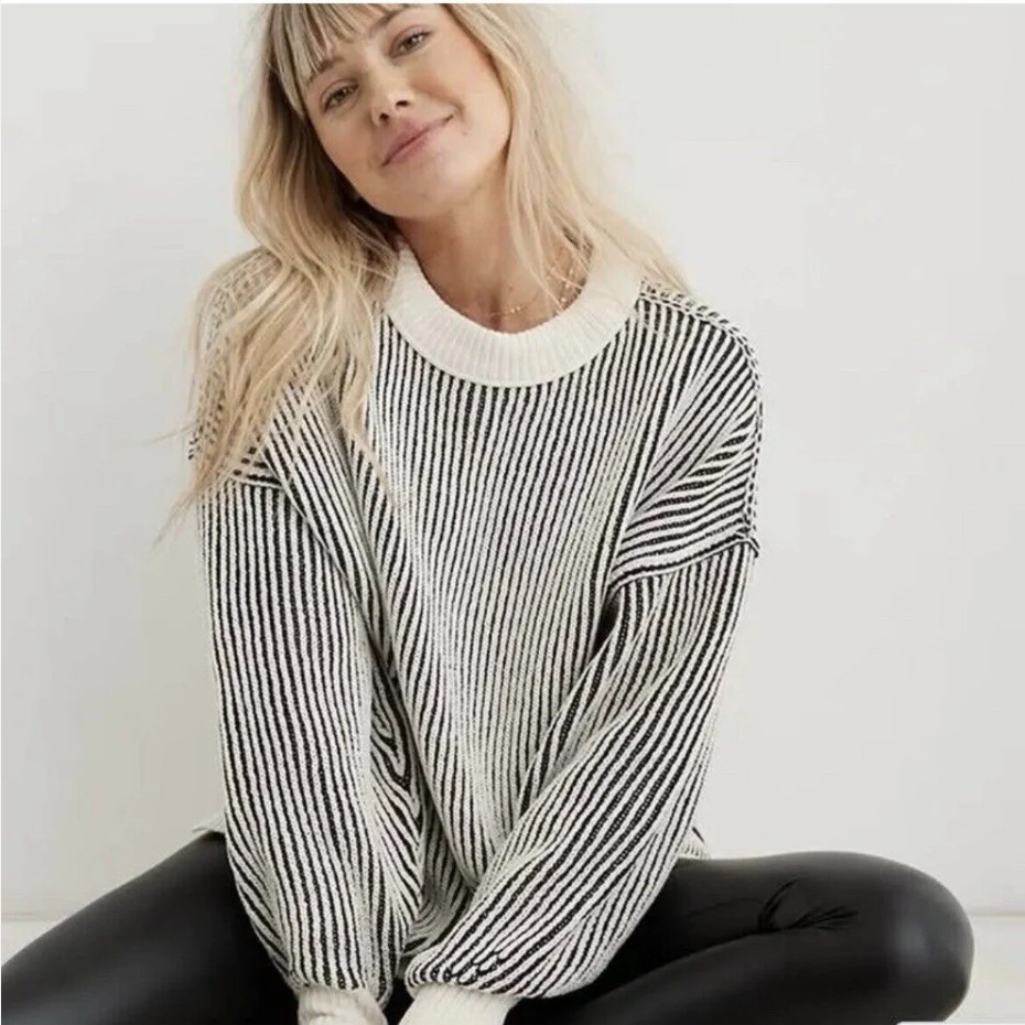 Striped Crewneck Long-Sleeve Pullover Knit Sweater