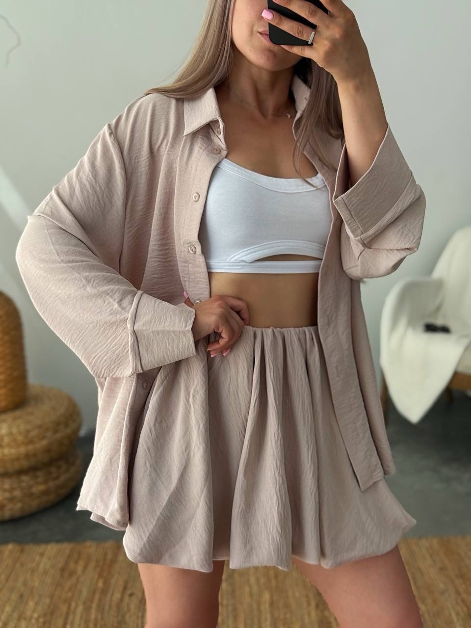 Women's Long Sleeve Ruffle Shirt and Shorts Casual Set