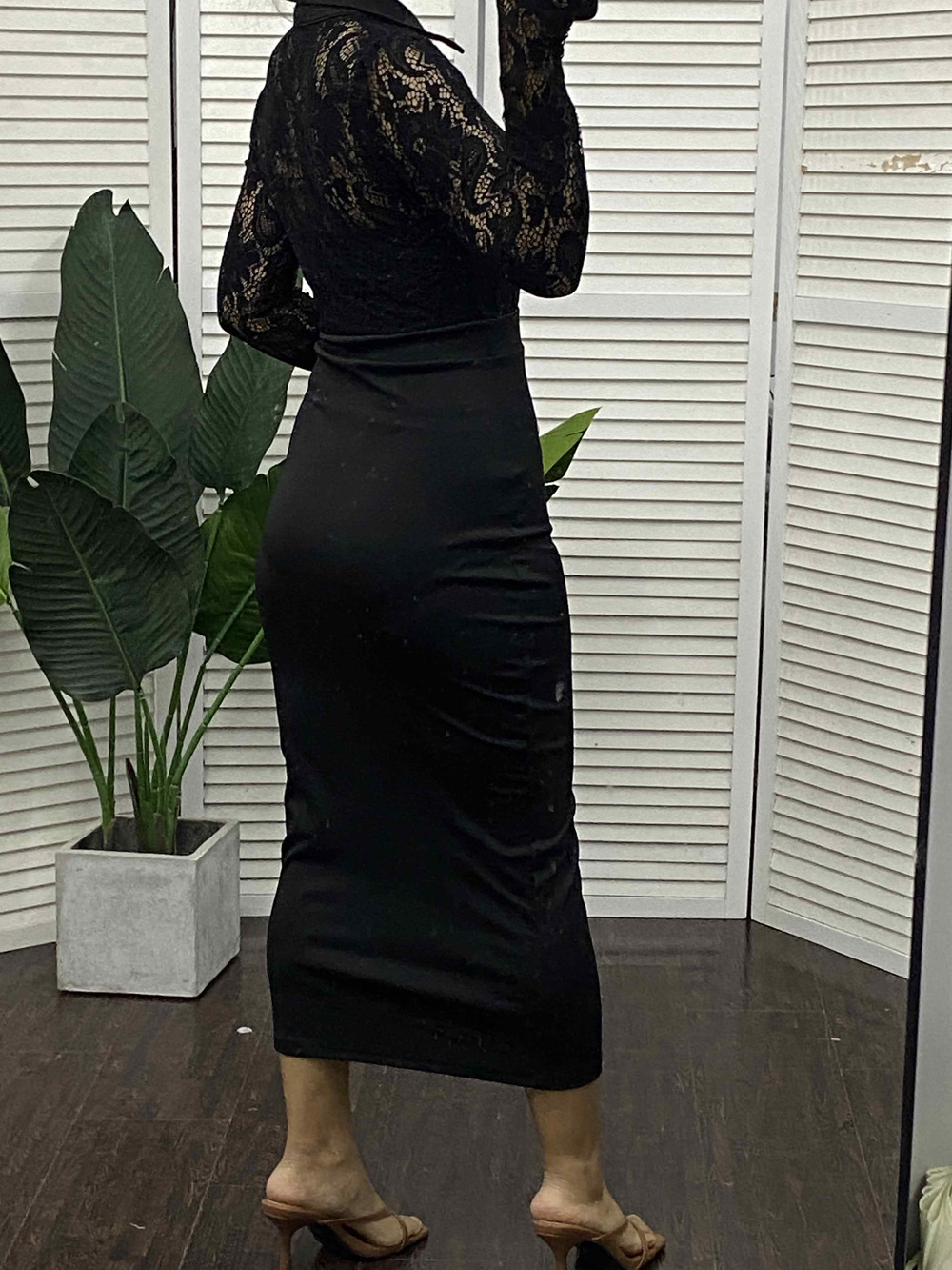 Women's Lace Panel Long Sleeve Bodycon Dress with Collar