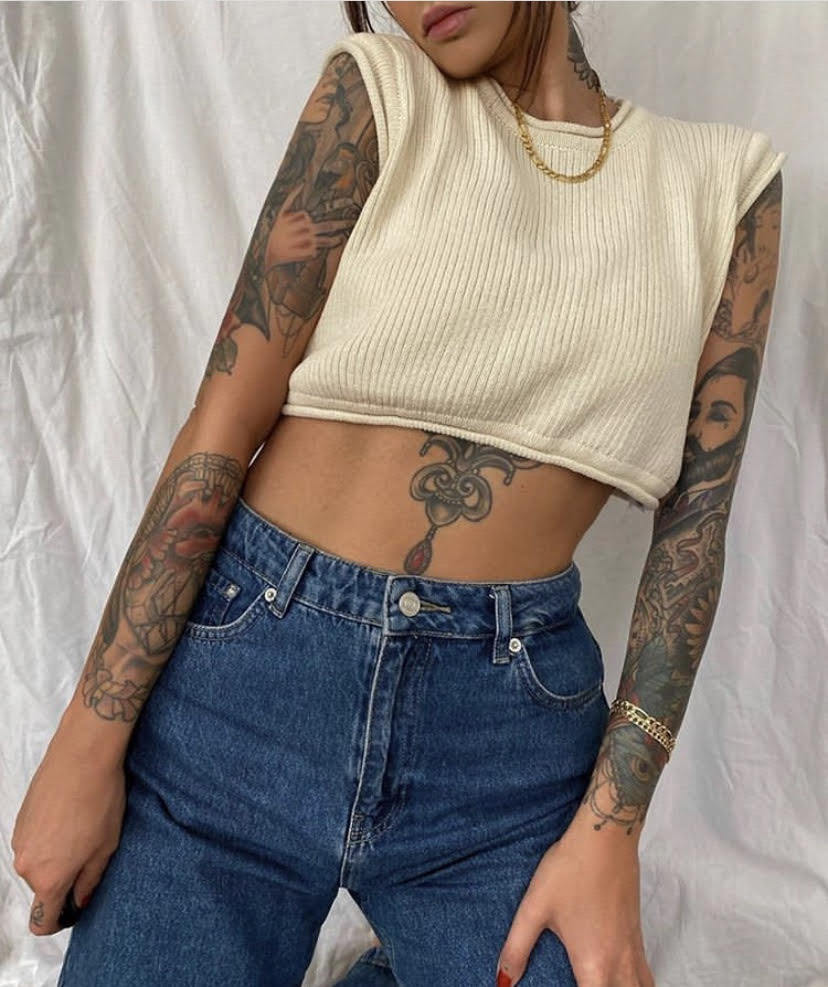Women's Sleeveless Cropped Knit Tank Top Crew Neck Solid