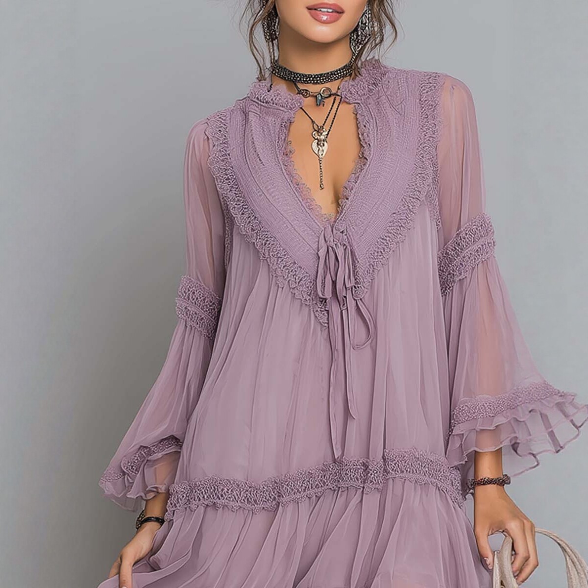 Purple Lace-Up Bell Sleeve Dress