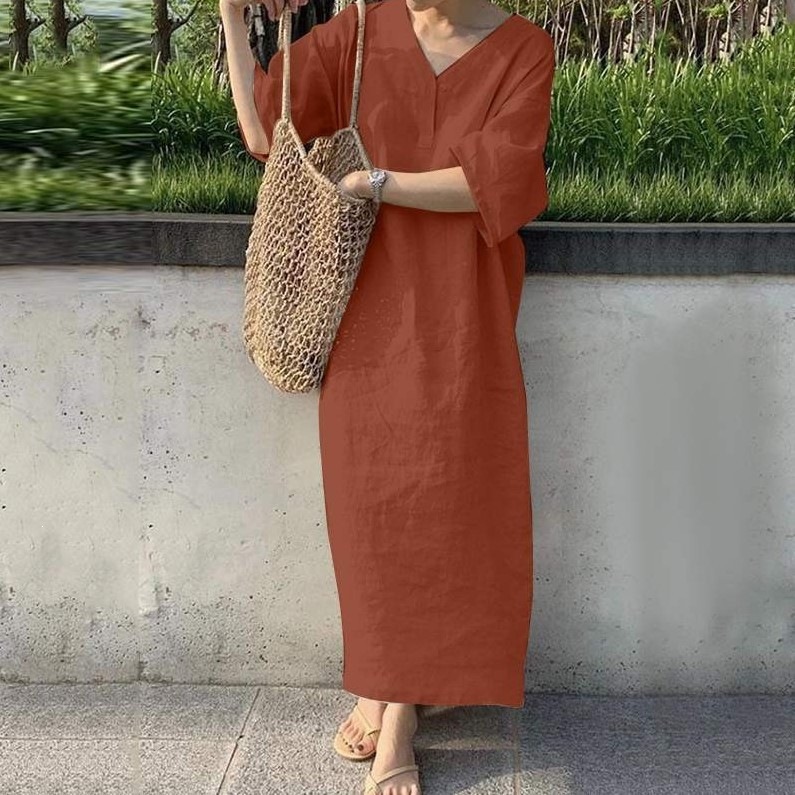 Women's Loose V-Neck Short Sleeve Cotton Linen Maxi Dress Plus Size Solid