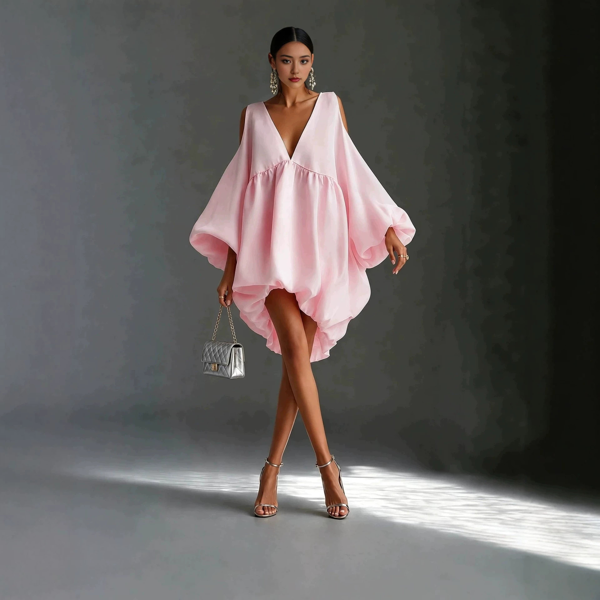Deep V Off-Shoulder Lantern Sleeve Loose Babydoll Dress Asymmetrical