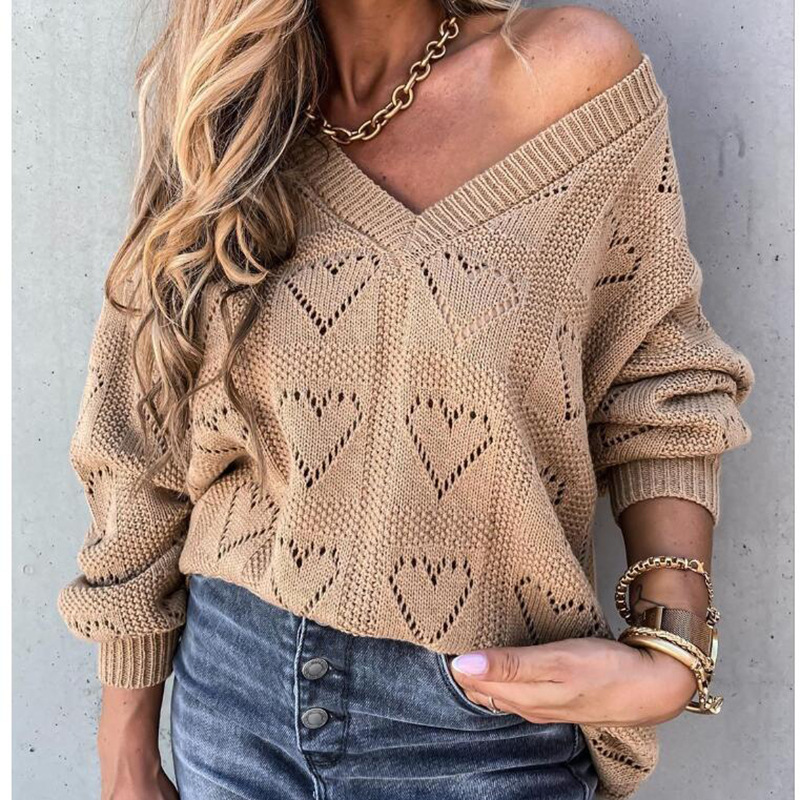 Women's V-Neck Heart Cutout Knit Sweater