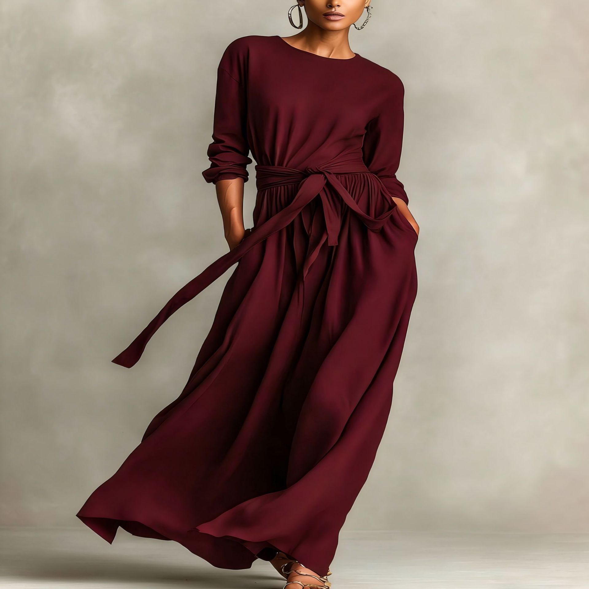 Women's Elegant Brown Woven Long Sleeve Round Neck Dress
