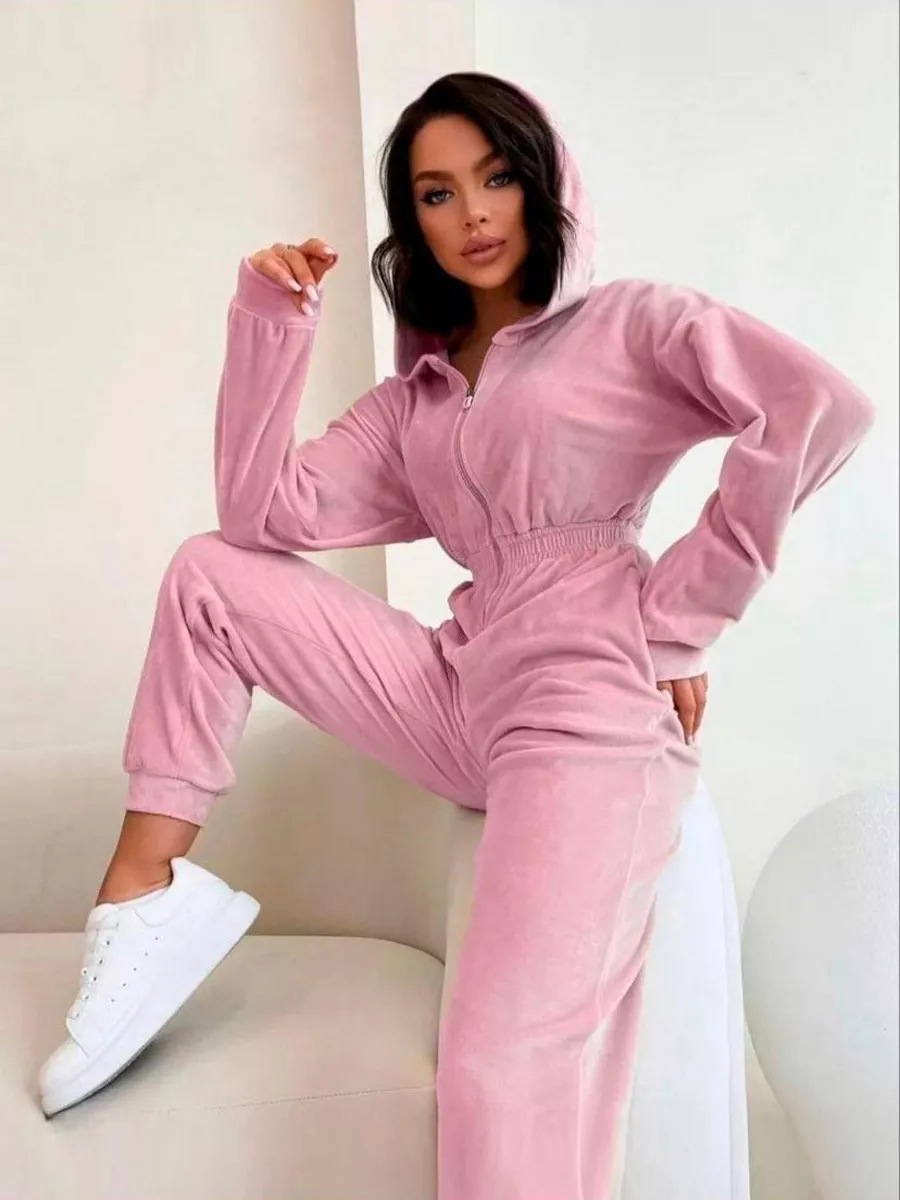 Women's Velvet Long Sleeve Jumpsuit with Half Placket and Elastic Waist