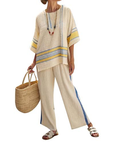Women's Striped Print Crewneck 3/4 Sleeve Top & Pants Casual Set