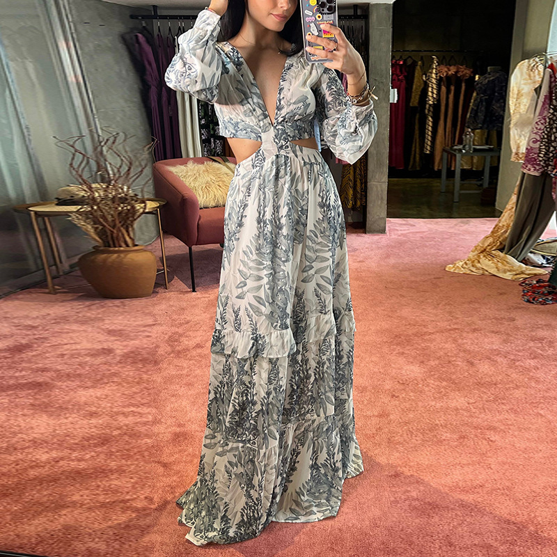French-Style Floral Print Patchwork Slim-Fit Long Dress