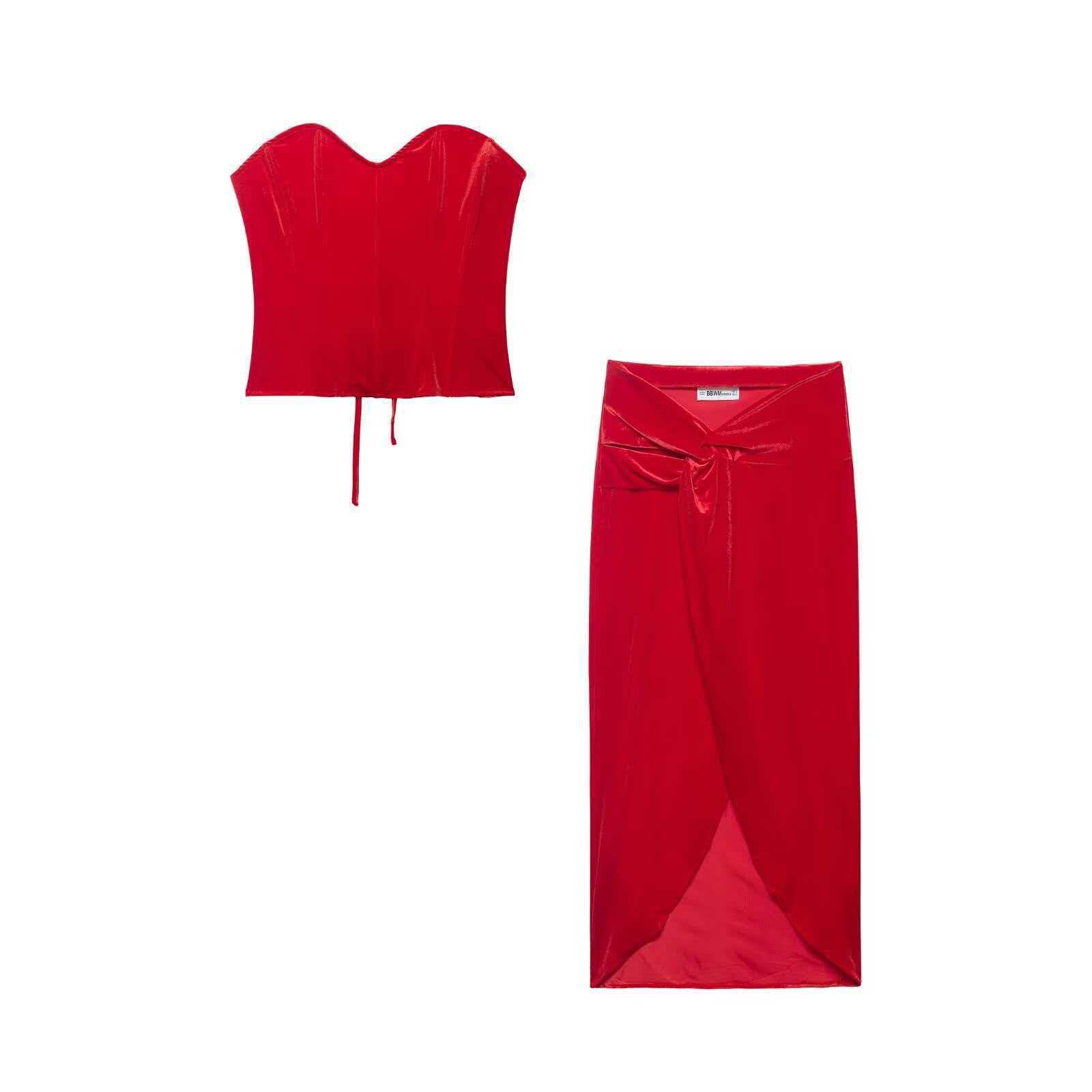 Red Velvet Sweetheart Neck Tube Top and Slit Midi Skirt Set