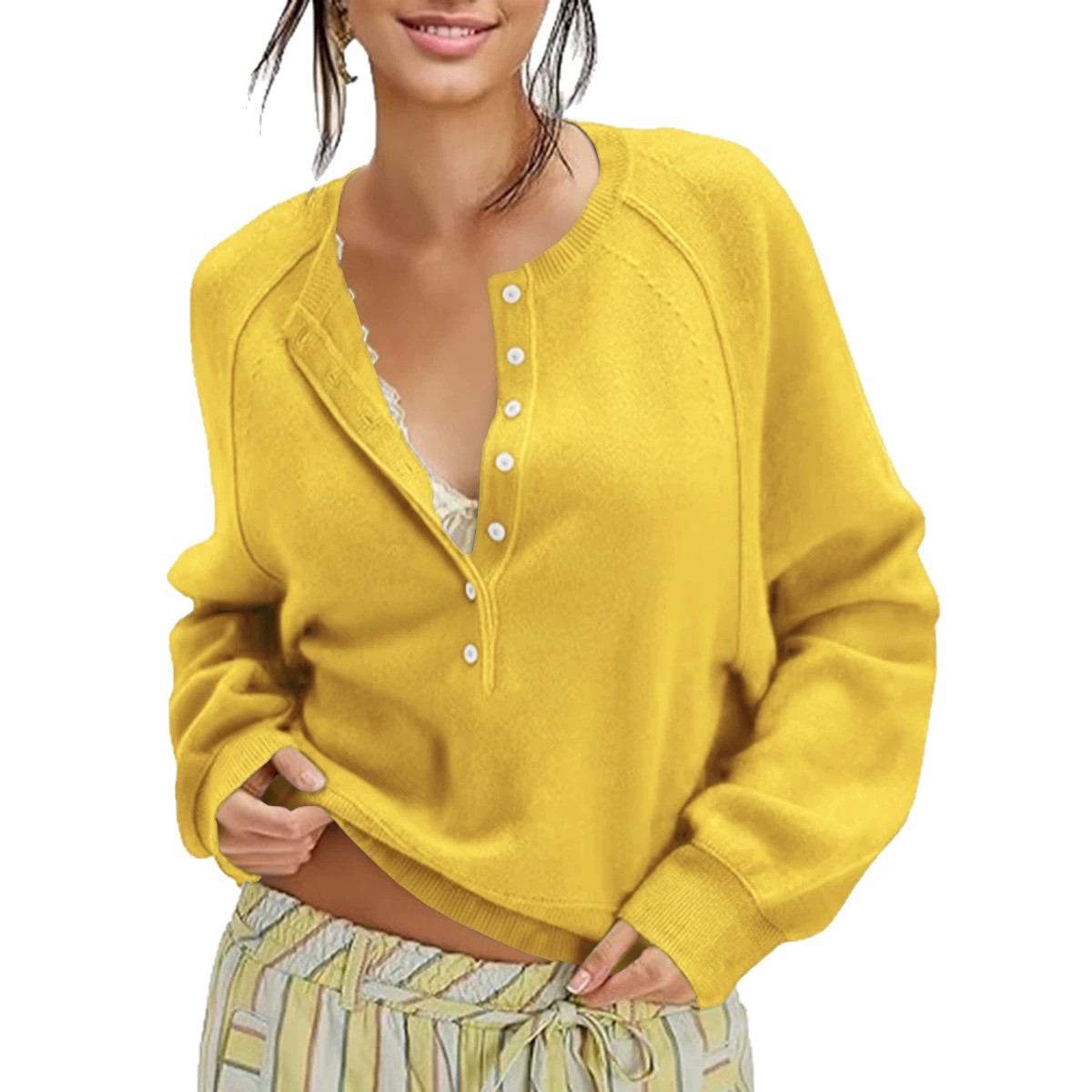 Women's Button-Front Half-Open Neck Sweater Loose Knit Top