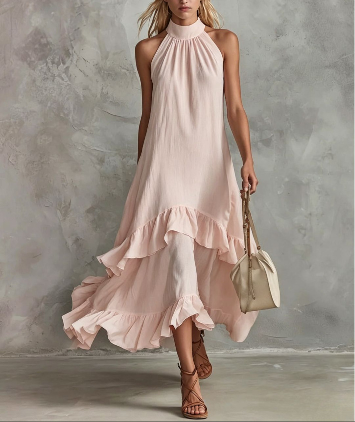 White Sleeveless Ruffle Midi Beach Dress