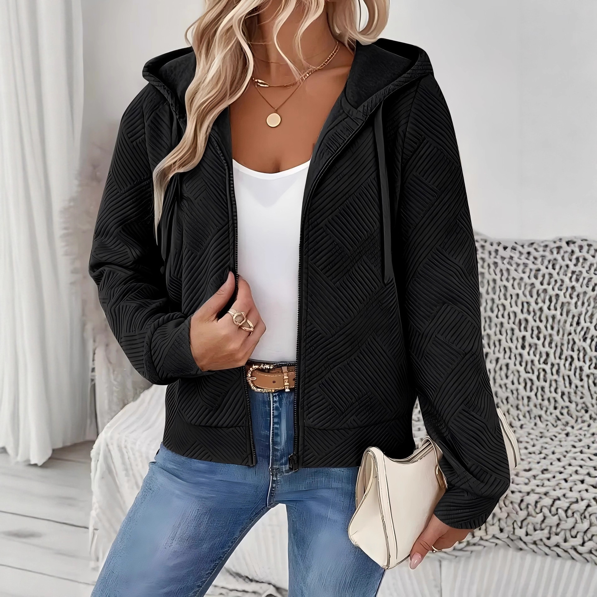 Jacquard Zip-Up Hooded Jacket for Women
