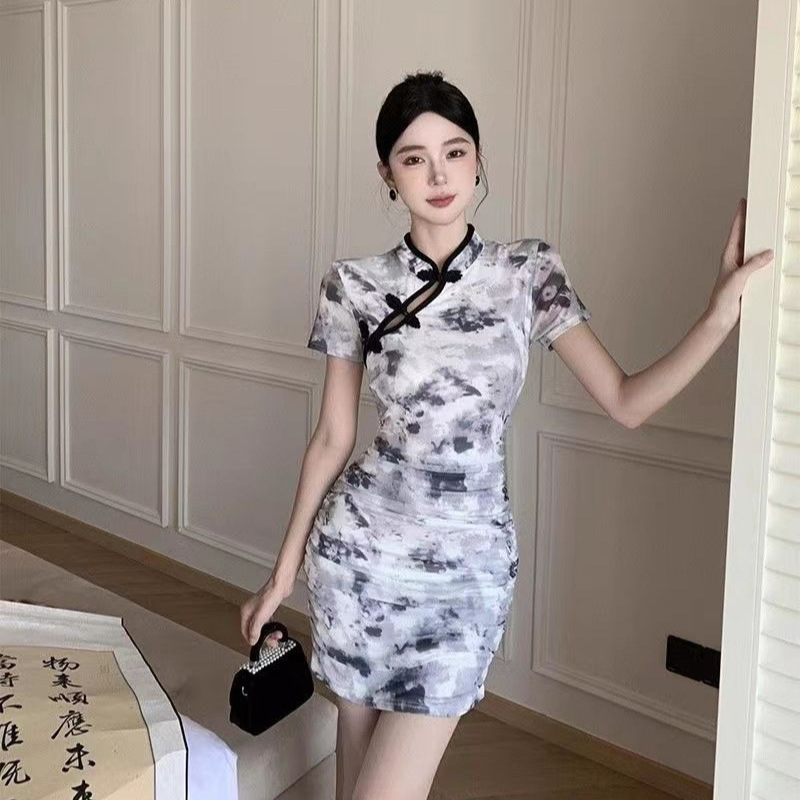 Floral Print High-Waist A-Line Cheongsam Dress