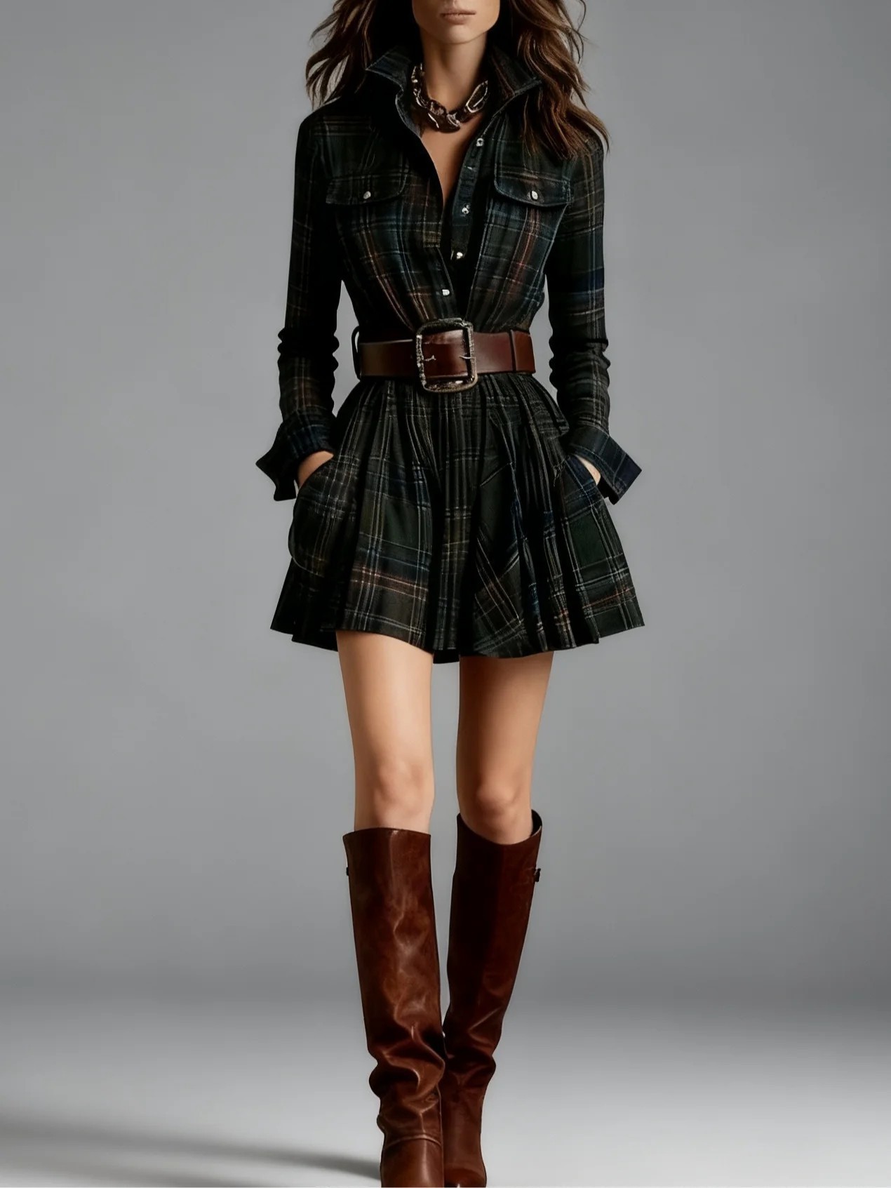 Retro Plaid A-Line Dress with Pockets and Belt