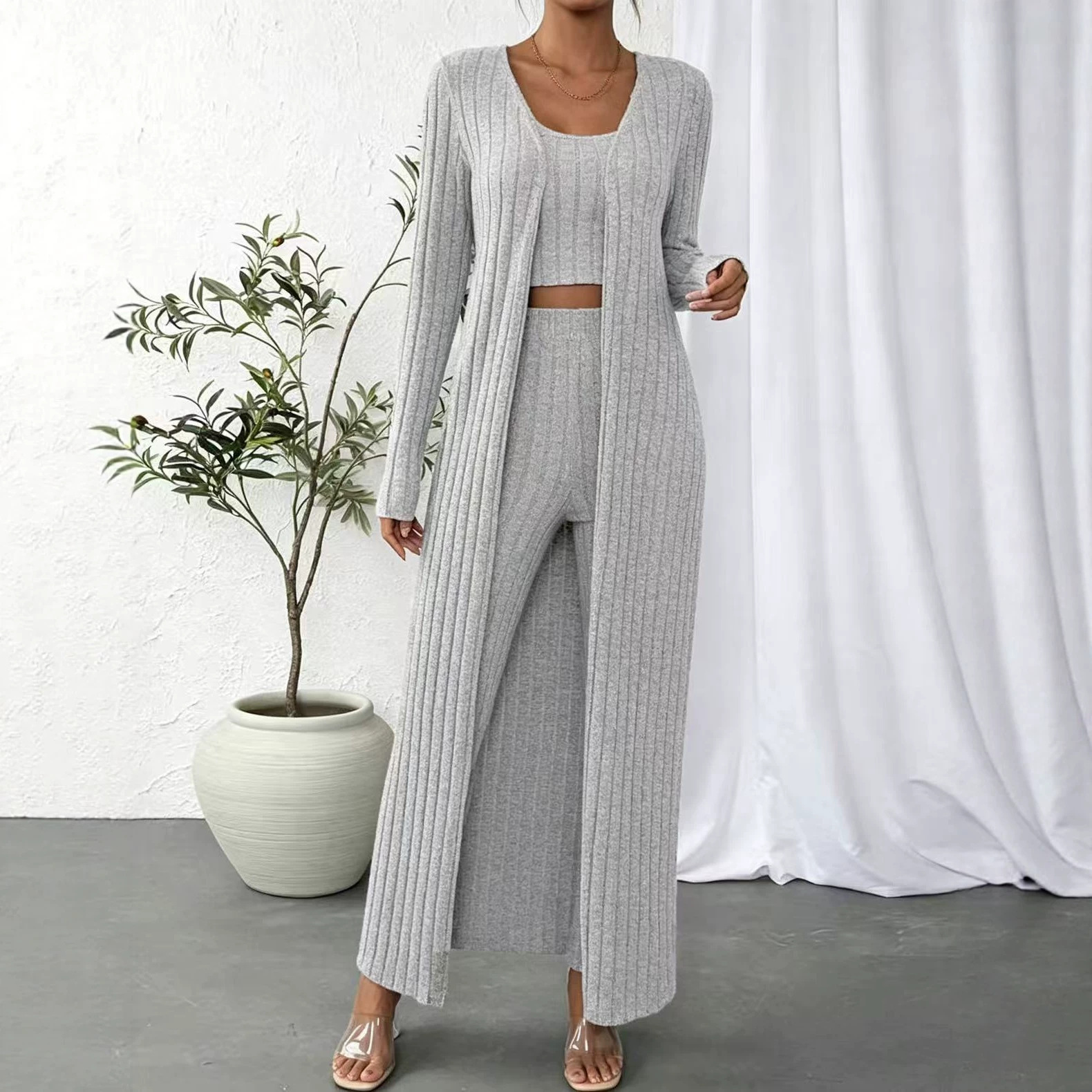 Minimalist Solid Knit 3-Piece Lounge Set with Cardigan