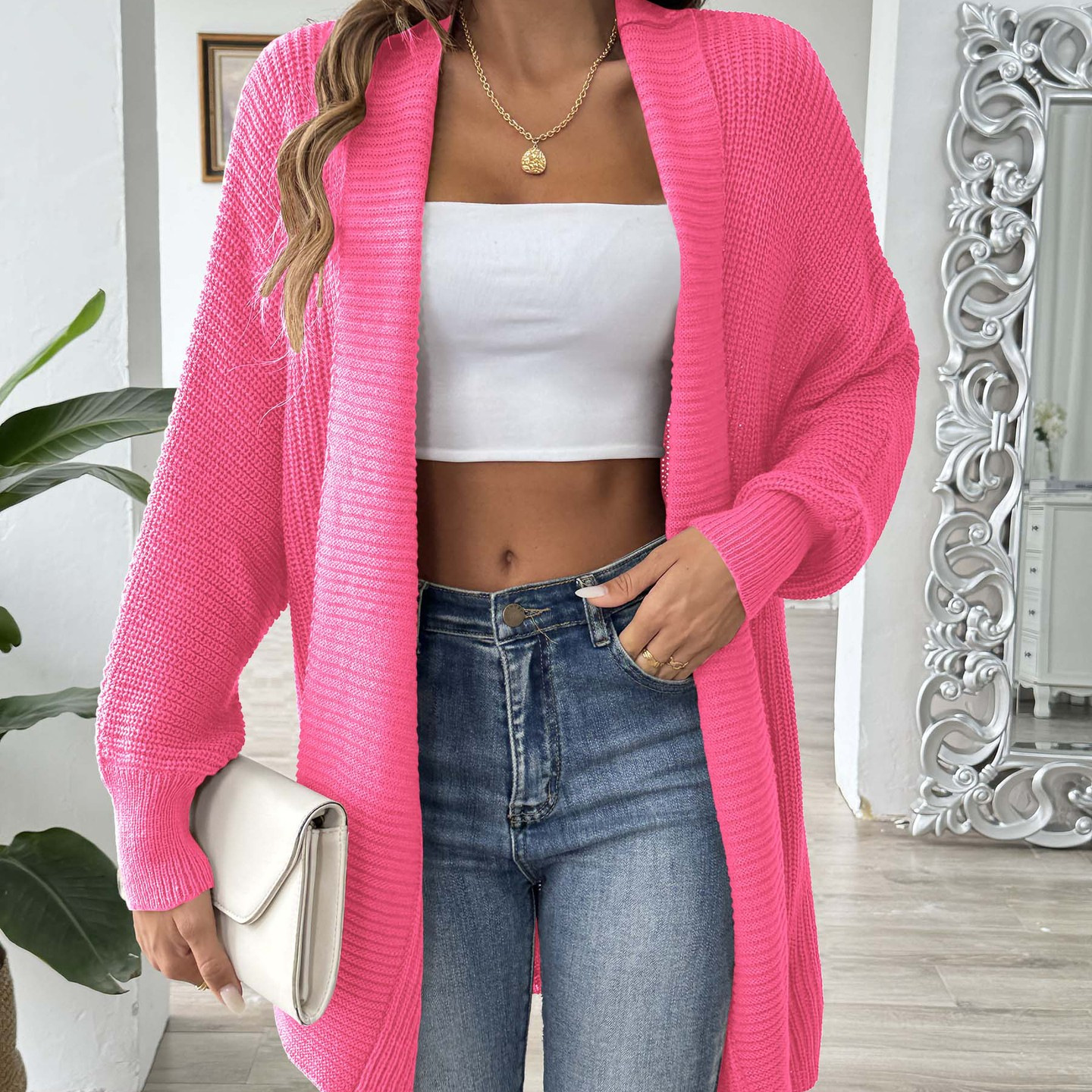 Women's Loose Knit Cardigan Sweater V-Neck Batwing Sleeve Solid