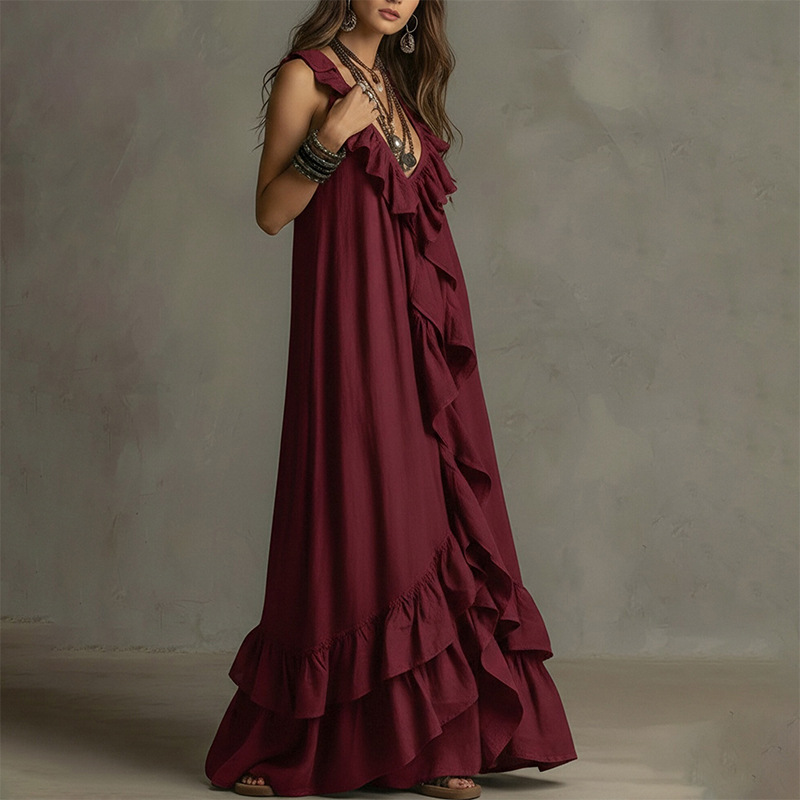 French Vintage Sleeveless Ruffle V-Neck Dress
