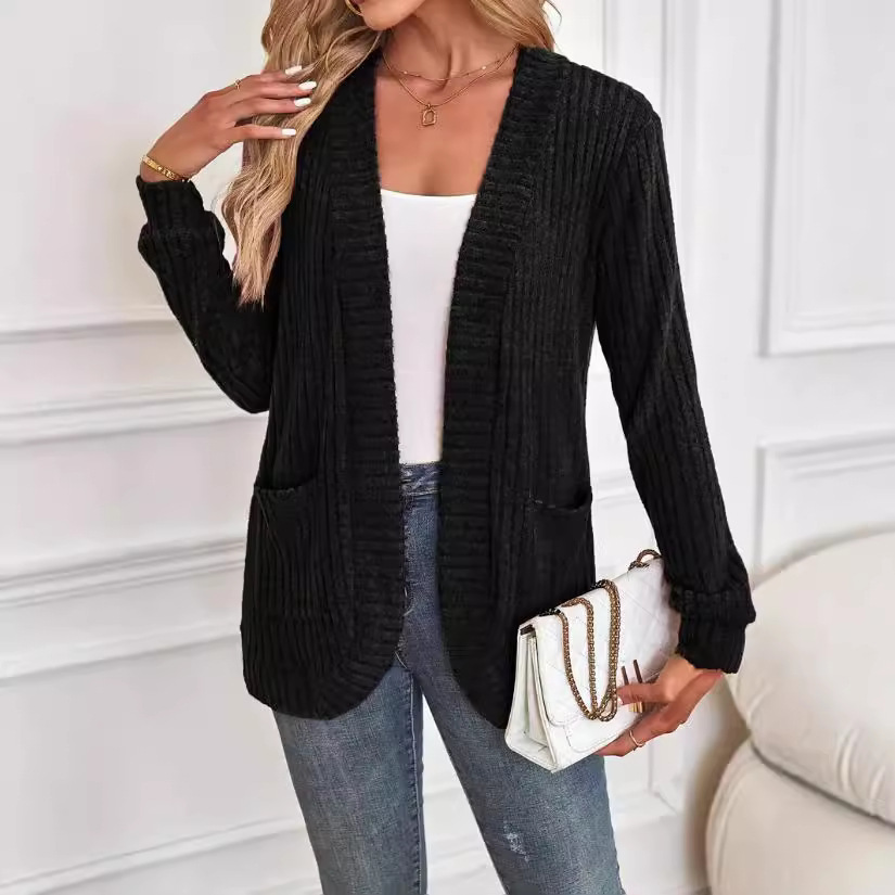 Solid Ribbed Brushed Long-Sleeve Cardigan