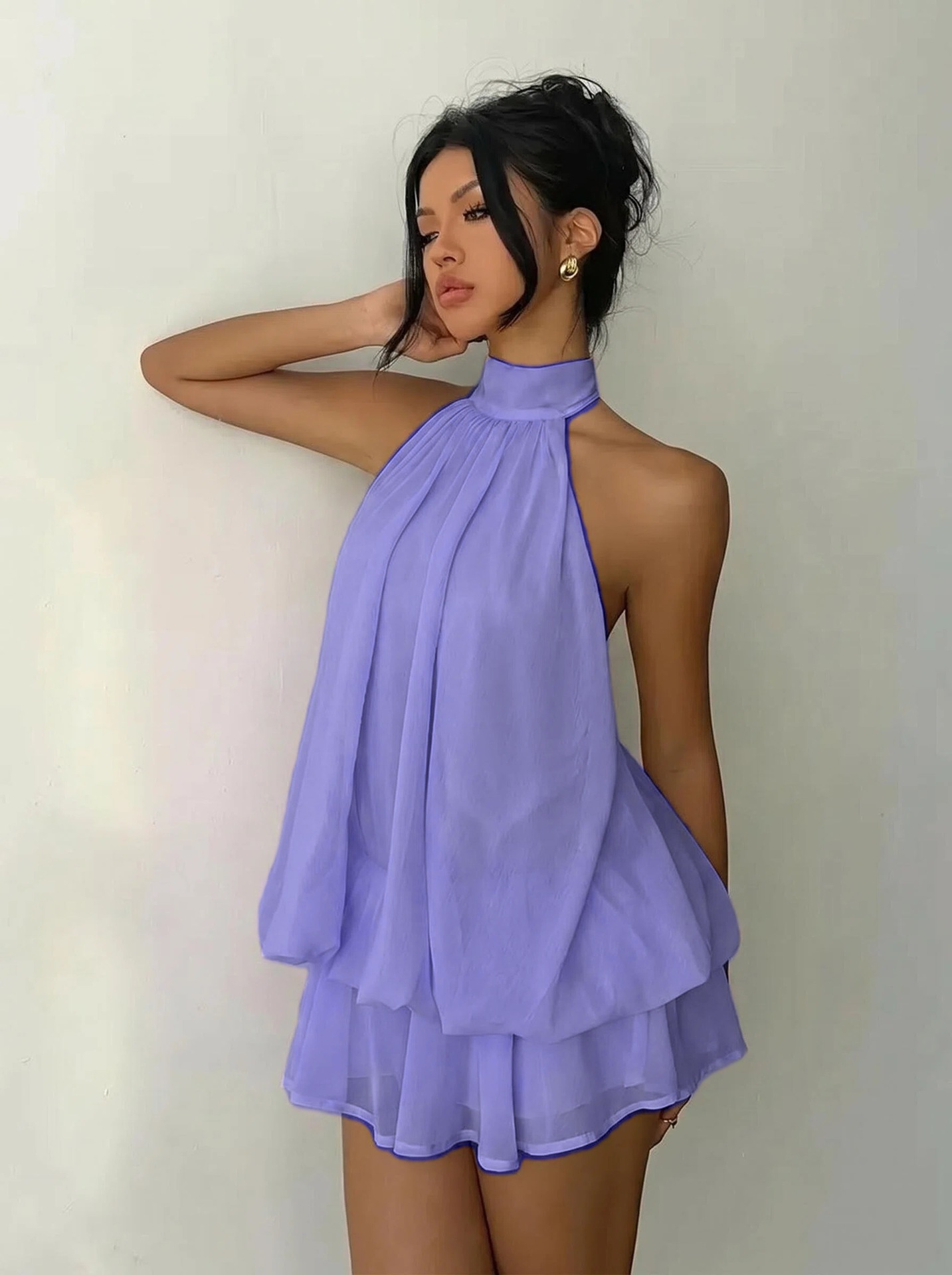Women's Halter Neck Chiffon Dress High Waist A-Line Mini Vacation Dress