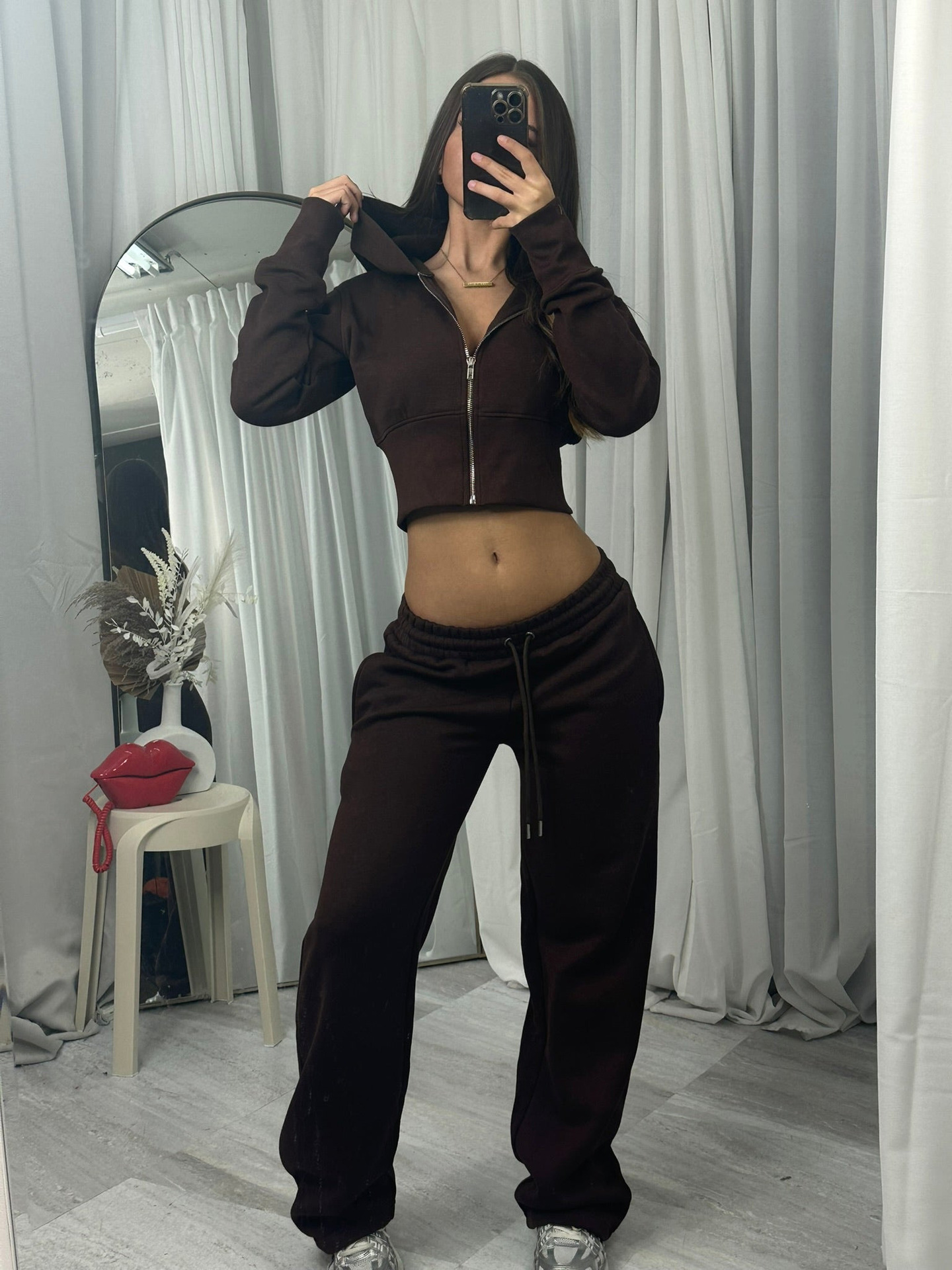 Women's Solid Color Hooded Cardigan and Straight-Leg Pants Set Casual Knit Two-Piece