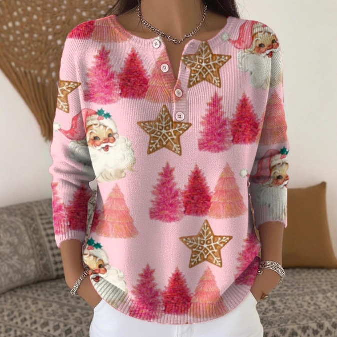 Women's Christmas Tree Snowman Scarf Print Button Sweatshirt