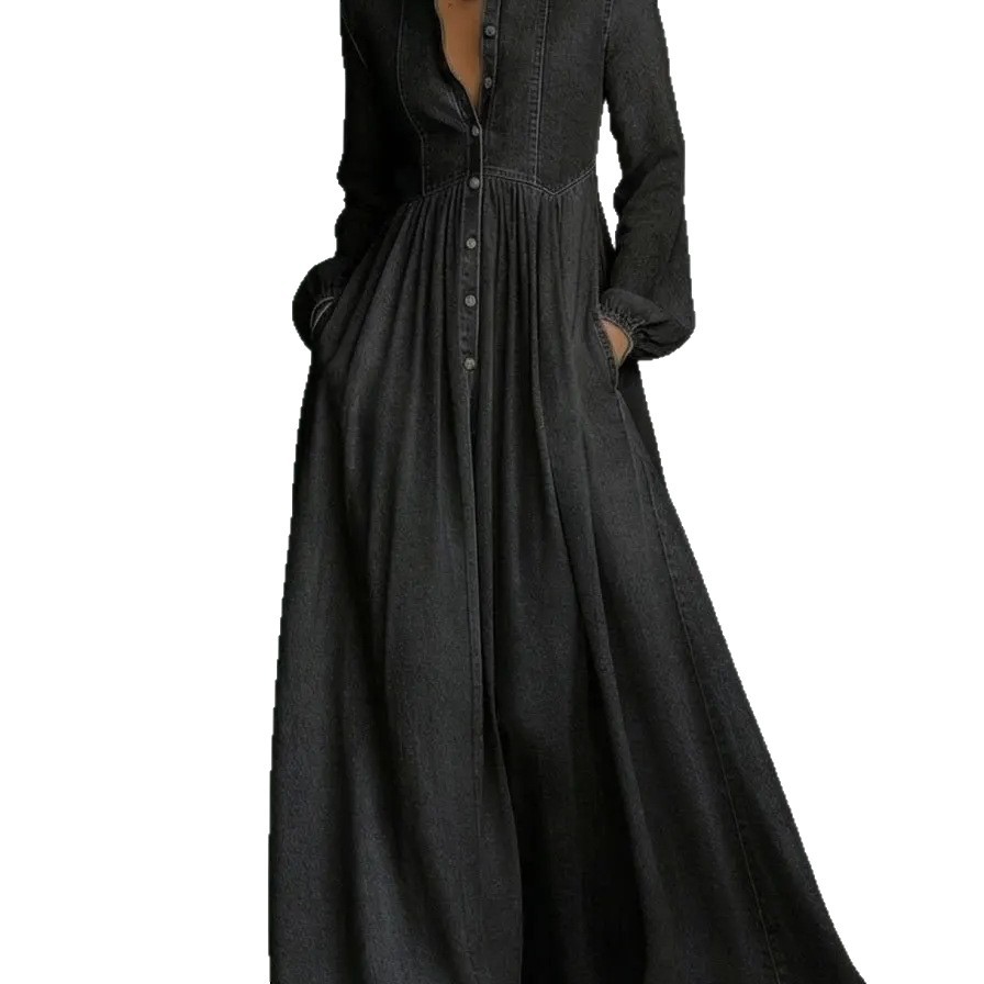Women's Denim Maxi Dress with Asymmetric One-Shoulder and Flared Skirt