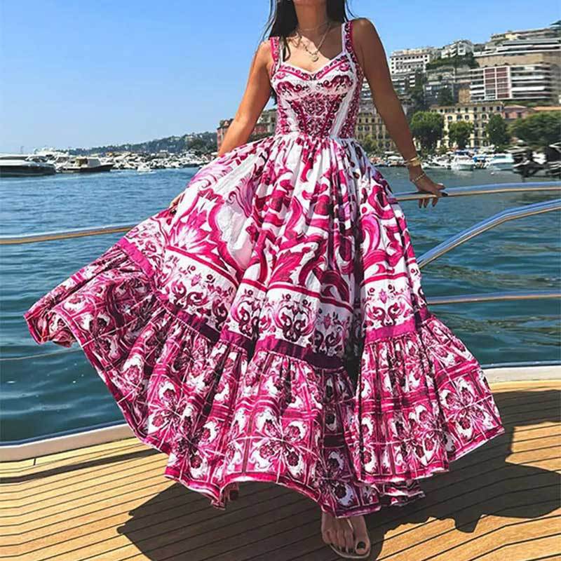 Women's Sleeveless Floral Maxi Dress High Waist Vacation Casual