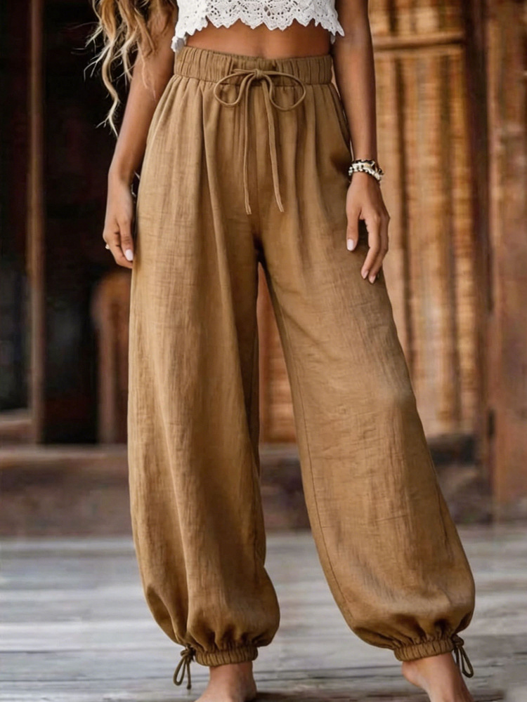 Women's Summer Lightweight Loose Straight-Leg Pants Solid Color High-Waist