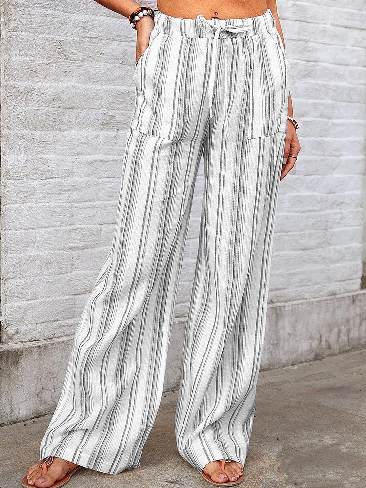 Striped High-Waist Wide-Leg Pants with Drawstring and Pockets