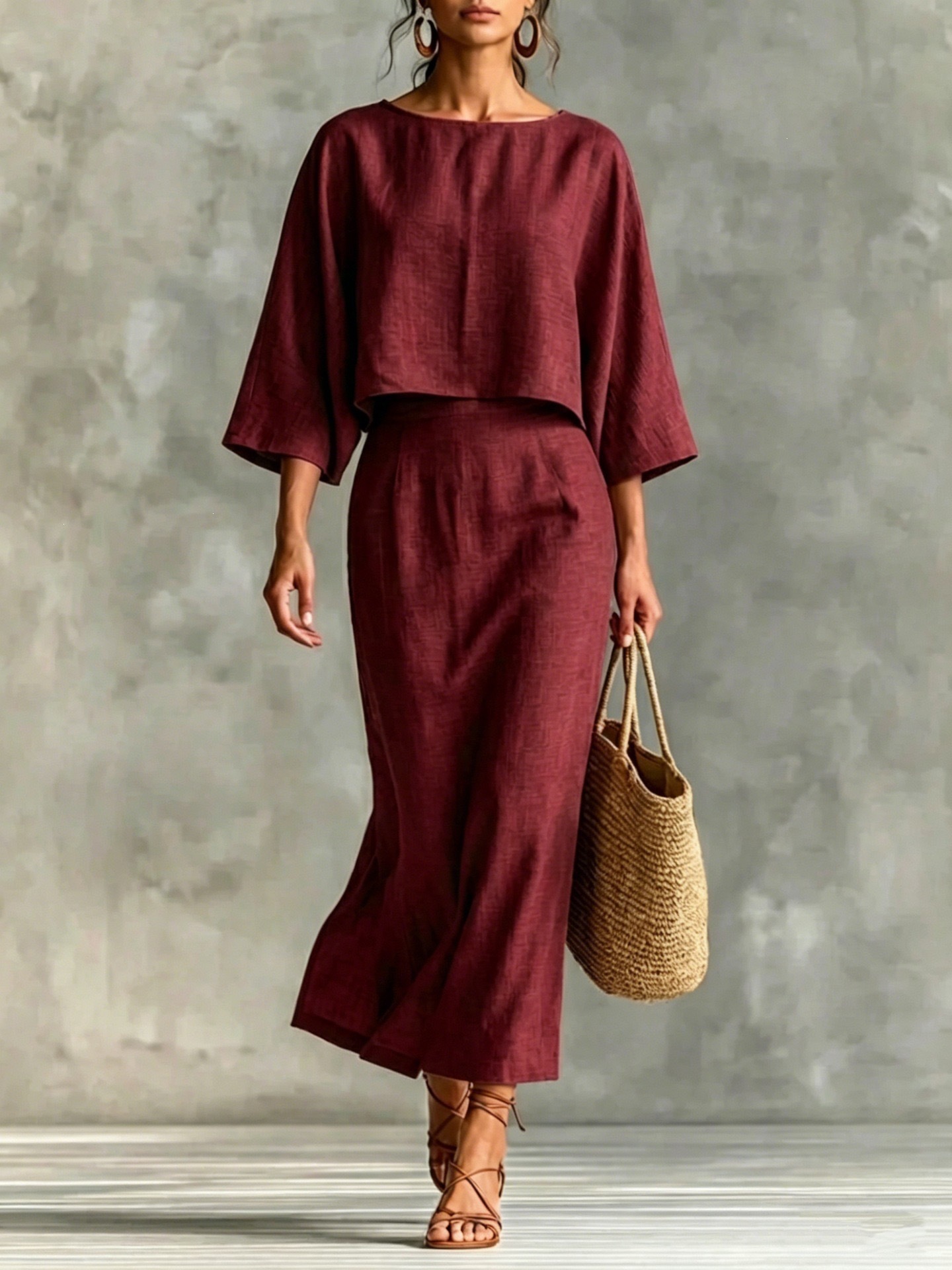 Women's High-Waist Midi Skirt Set with Round-Neck Seven-Sleeve Top