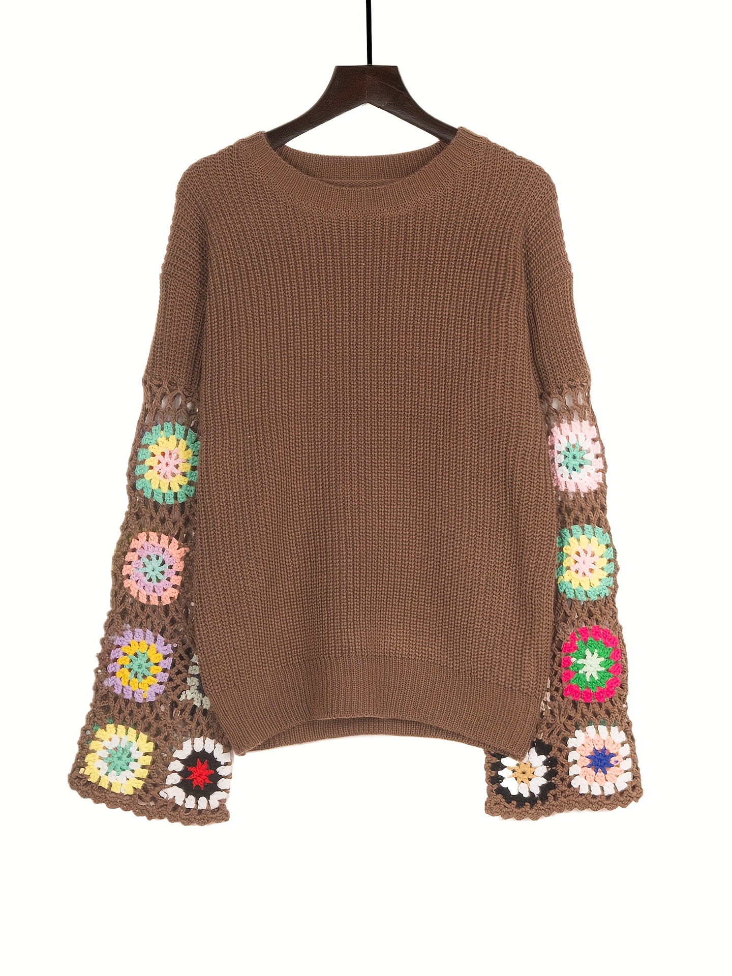 Women's Crochet Flared-Sleeve Pullover Sweater with Hollow-Out Colorblock Design