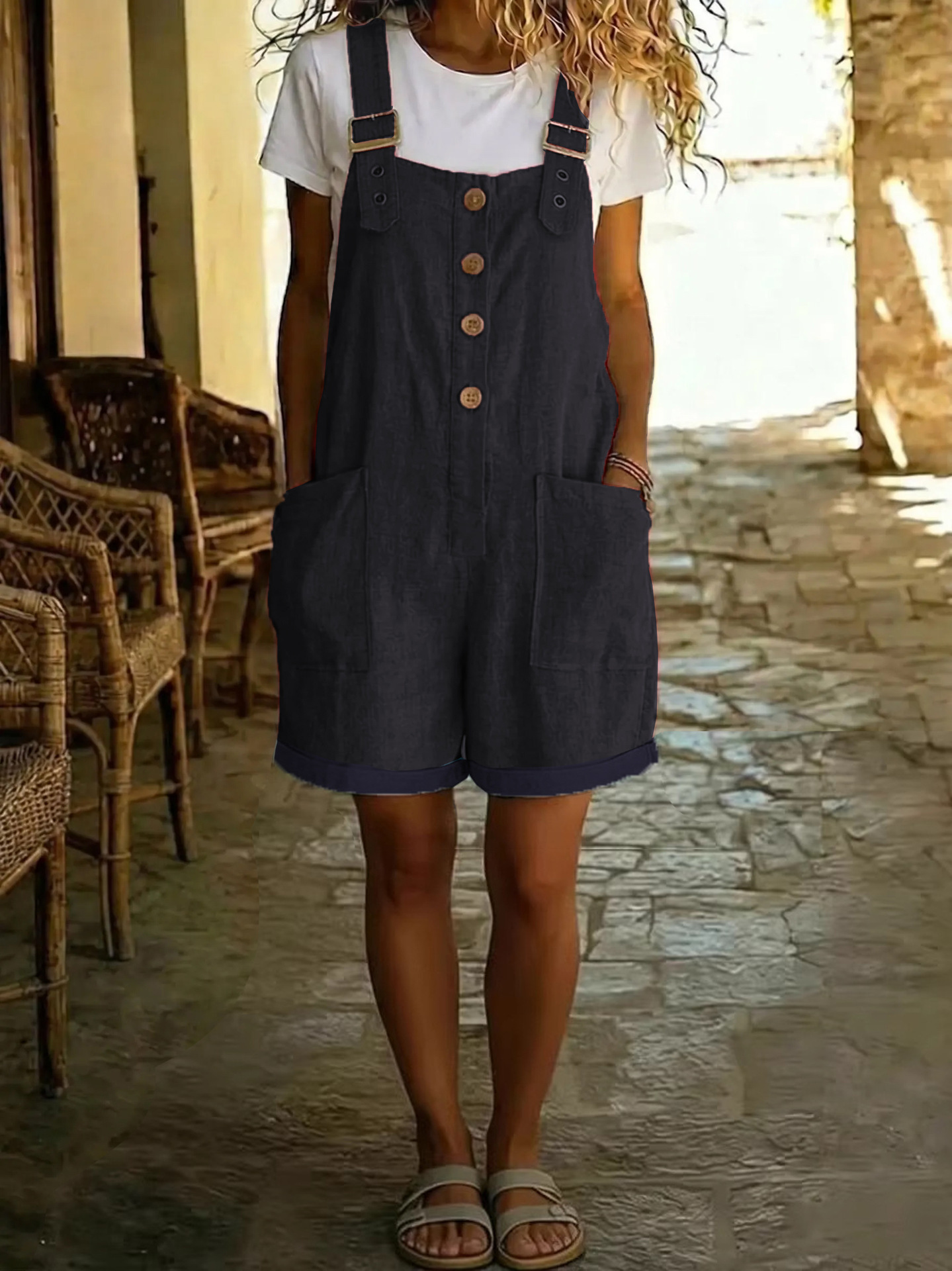 Women's Cotton-Linen Solid Color Vintage Straight-Leg Overalls with Pockets