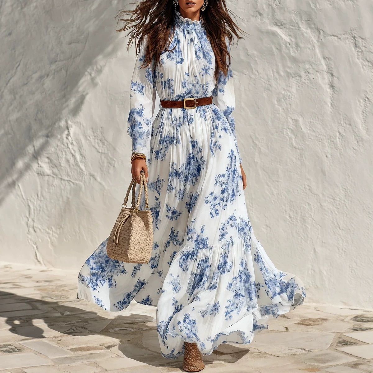 Blue and White Porcelain Print Chiffon Maxi Dress with Ruffle Trim, Stand Collar, Long Sleeves, and Belt