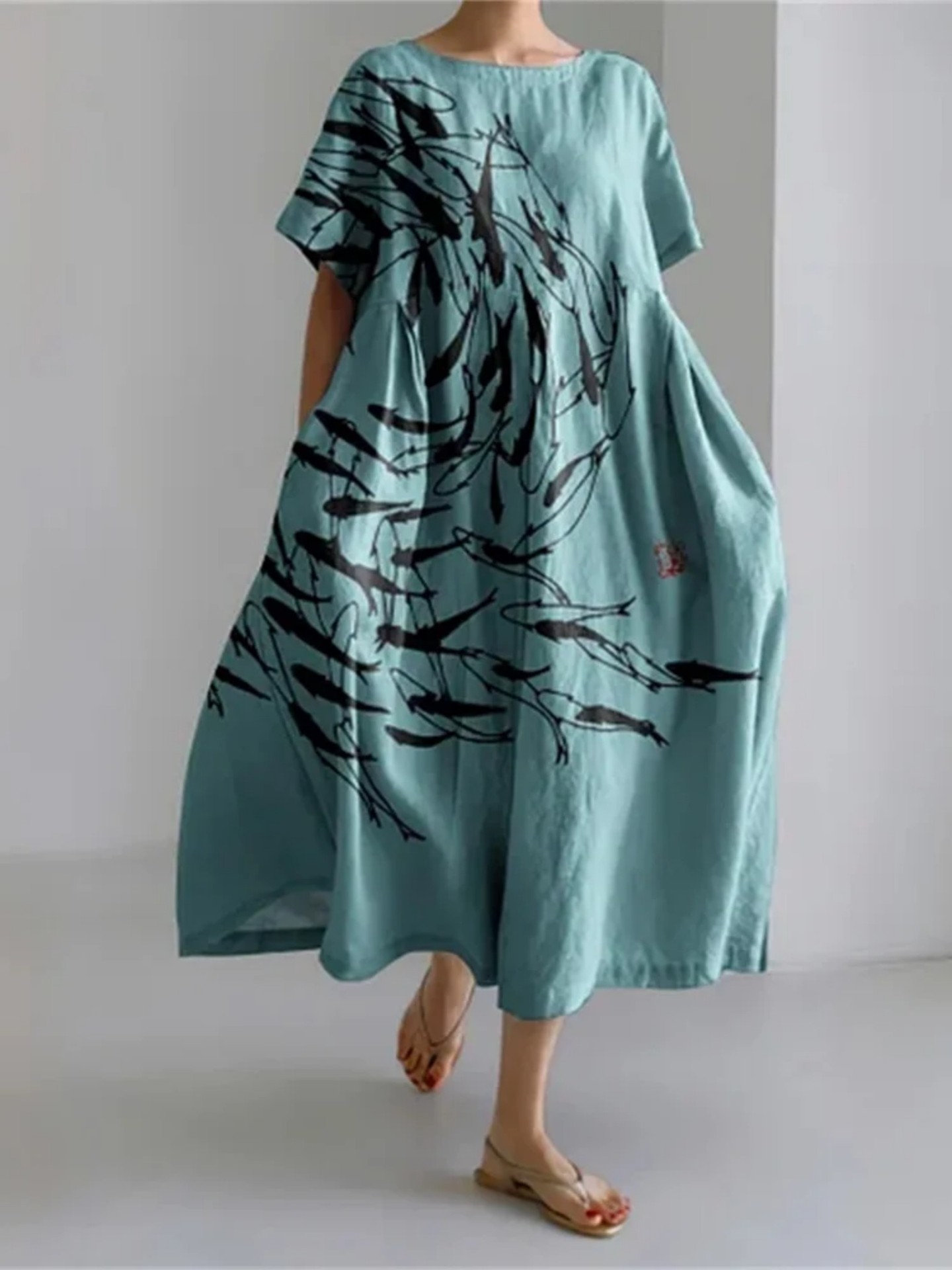 Women's Animal Print Casual A-Line Dress with U-Neck and Short Sleeves