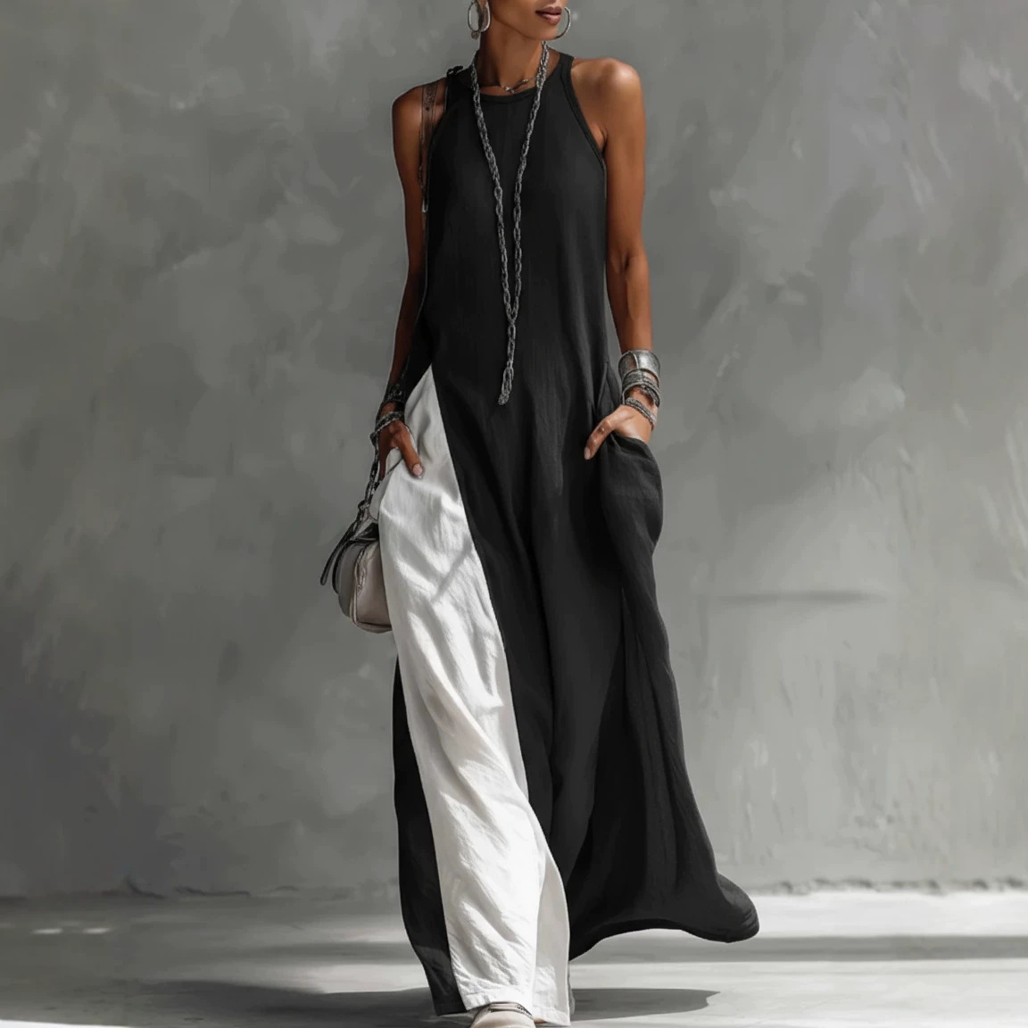 Off-Shoulder Sleeveless Colorblock Maxi Dress with Pockets