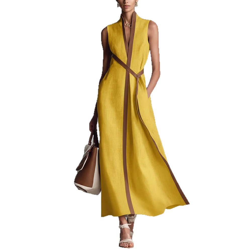 Women's Sleeveless V-Neck Colorblock Trim Midi Dress with Waist Tie and Slit