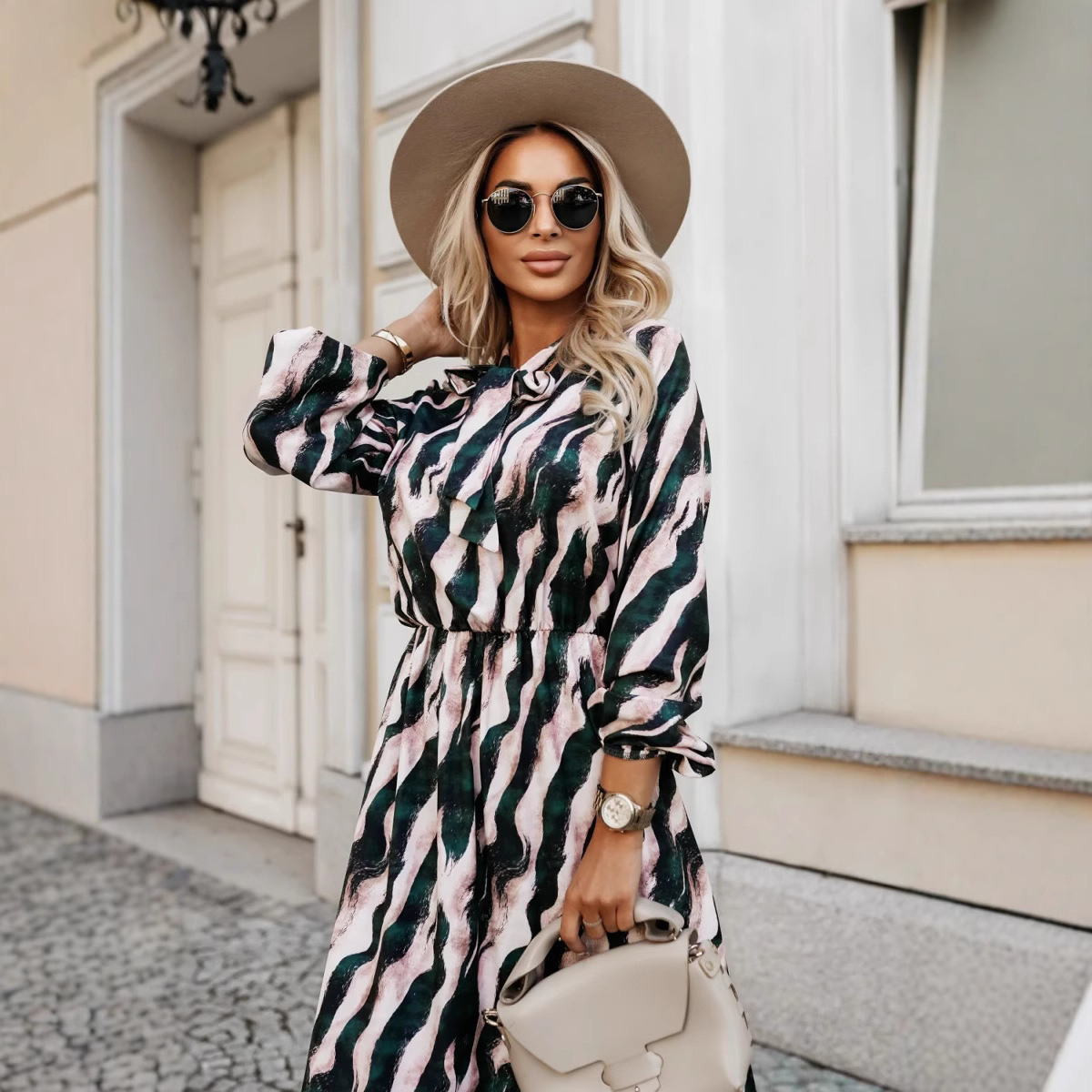 Sweet Bow Waist Zebra Print Long Sleeve Midi Dress