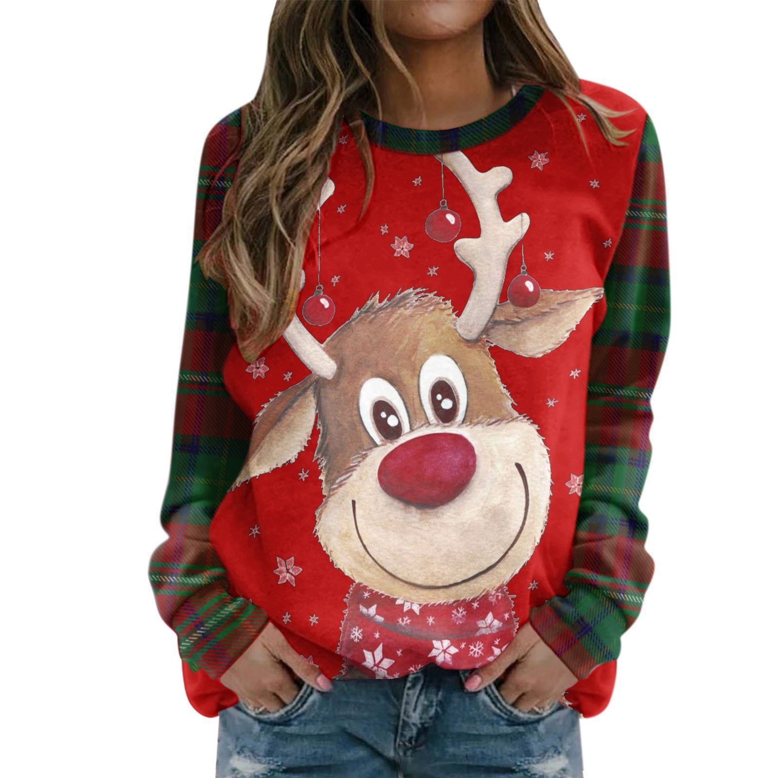 Women's Christmas Tree Grinch Reindeer Print Crewneck Sweatshirt
