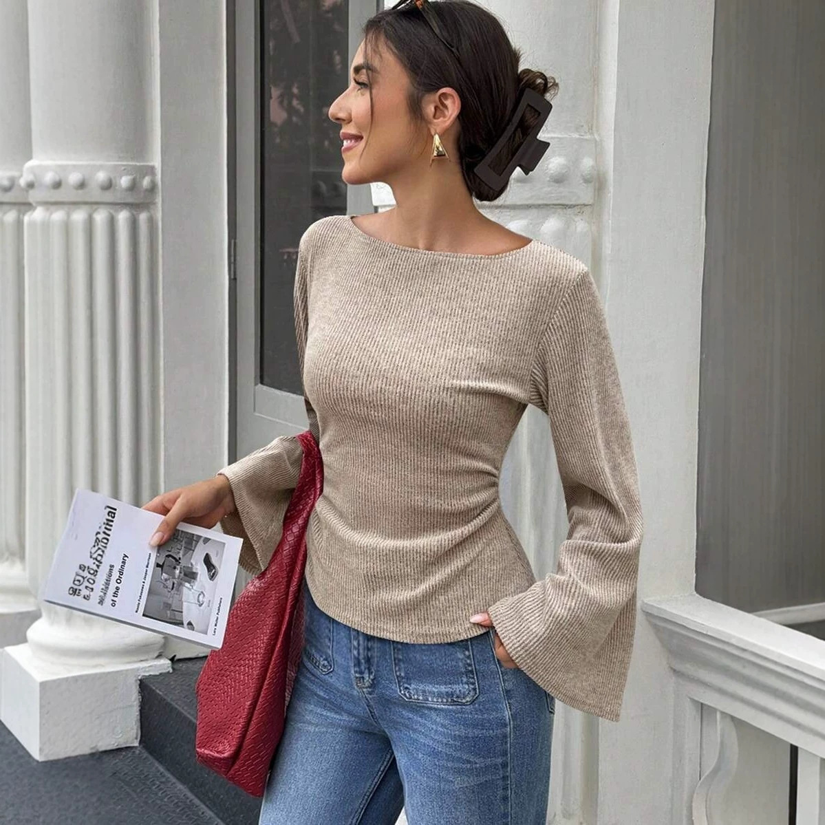 Slim Fit Knit Top with Round Neck and Flared Sleeves