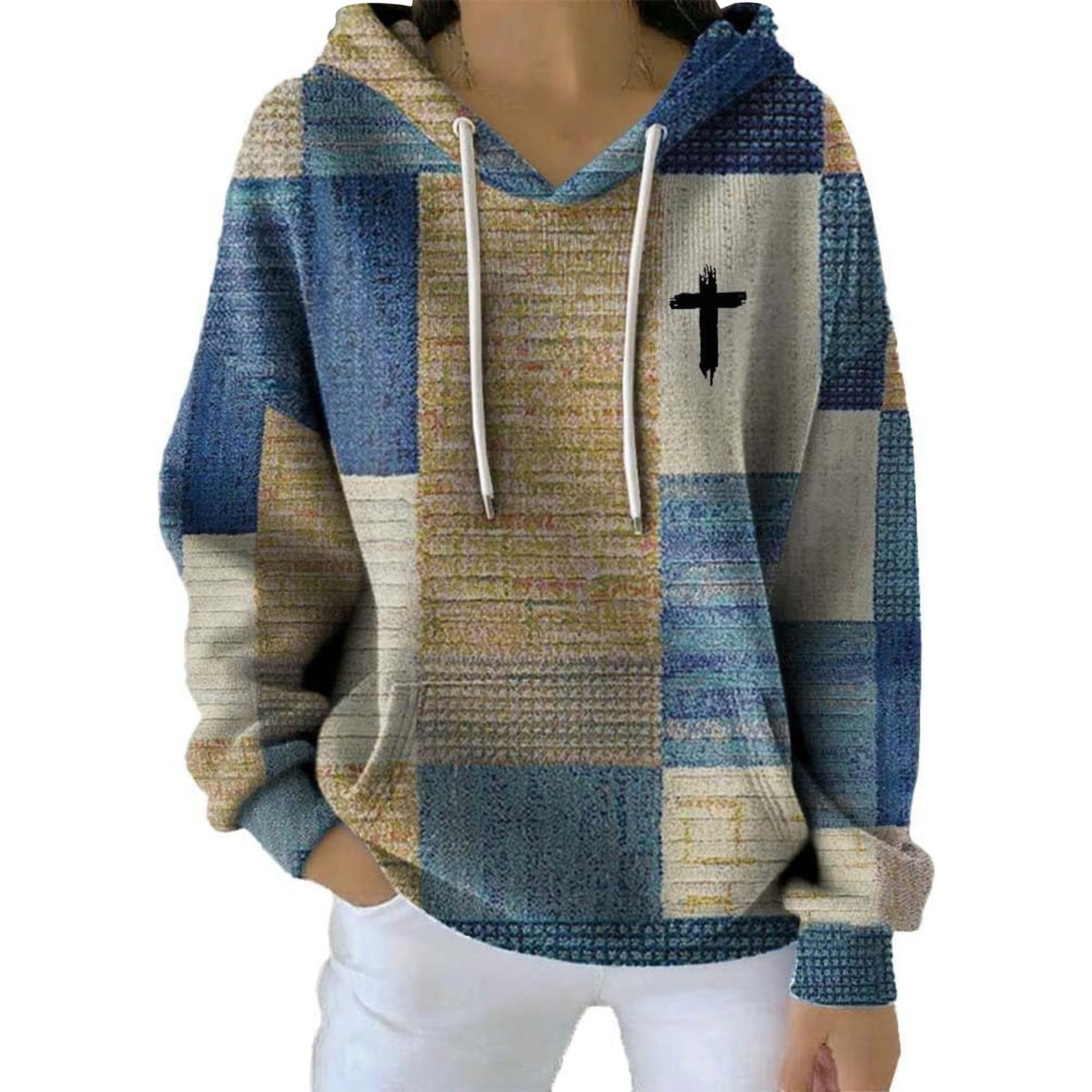 Women's Cross Print Ribbed Plaid Hooded Sweatshirt