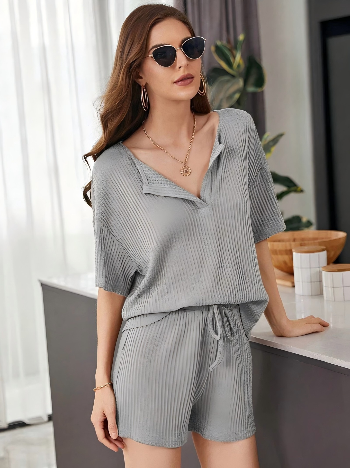 Women's Waffle Knit Short Sleeve Shorts Lounge Set Solid Color