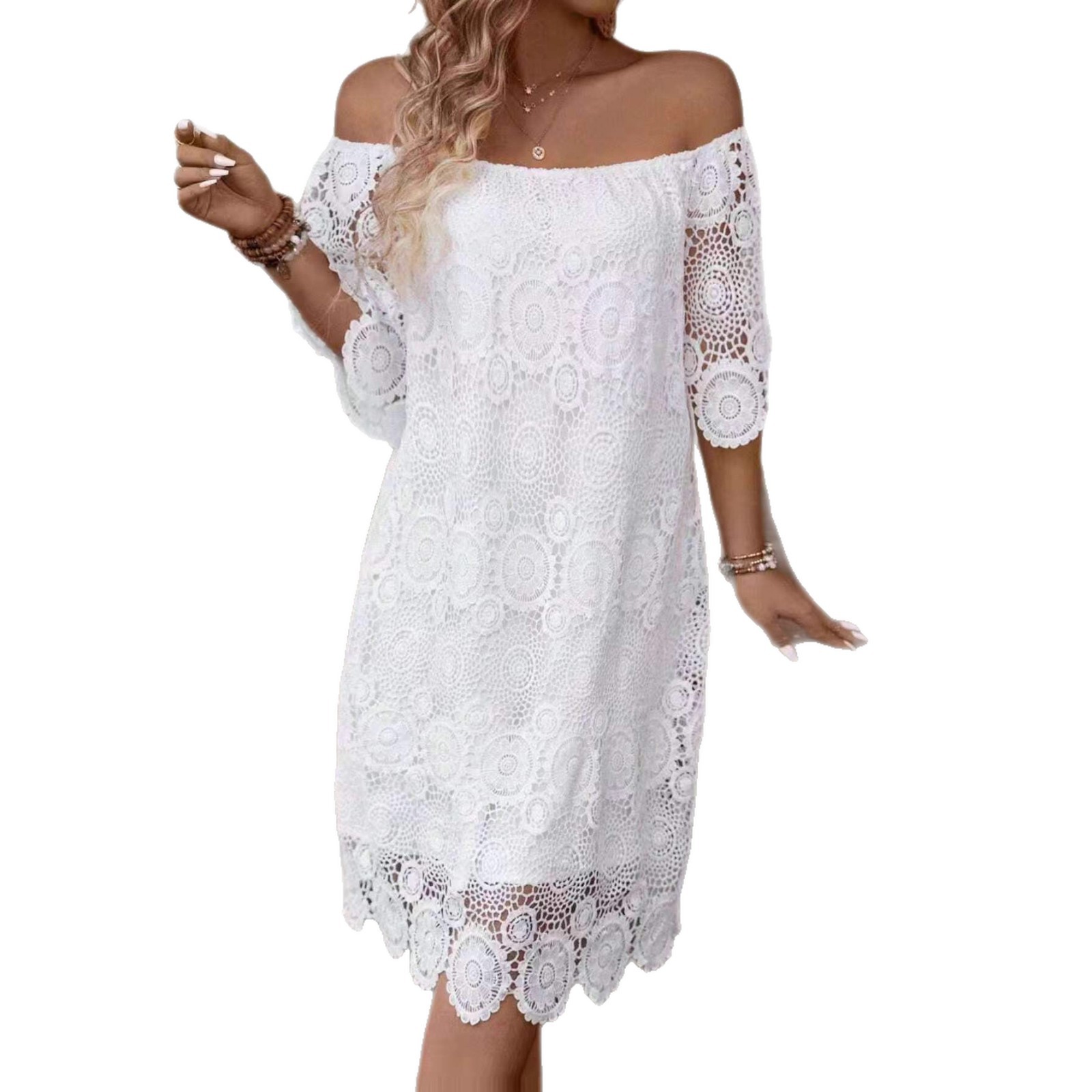 Women's Off-Shoulder Short Sleeve Lace Hollow Out Dress