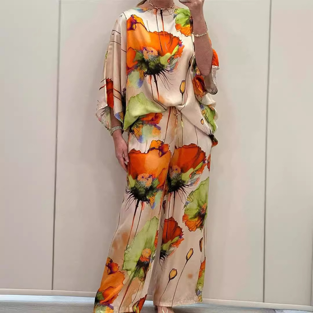 Elegant Satin Off-Shoulder Batwing Sleeve Printed Drawstring Pants Set